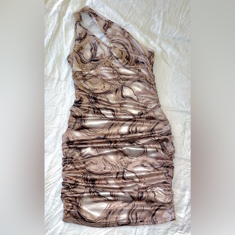Neutral Marble Tan/Brown One Shoulder Key Hole Mini Dress